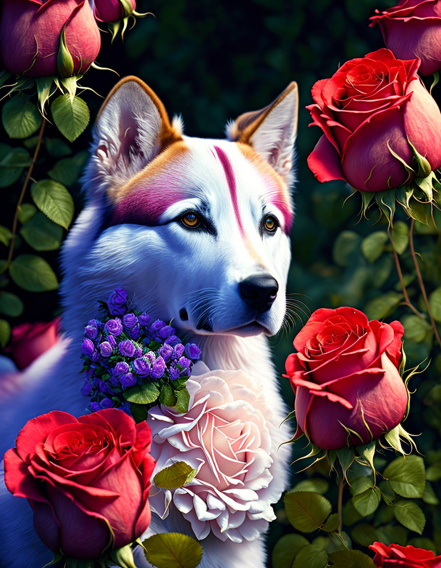 White and Tan Dog with Blue Eyes Surrounded by Roses and Flowers