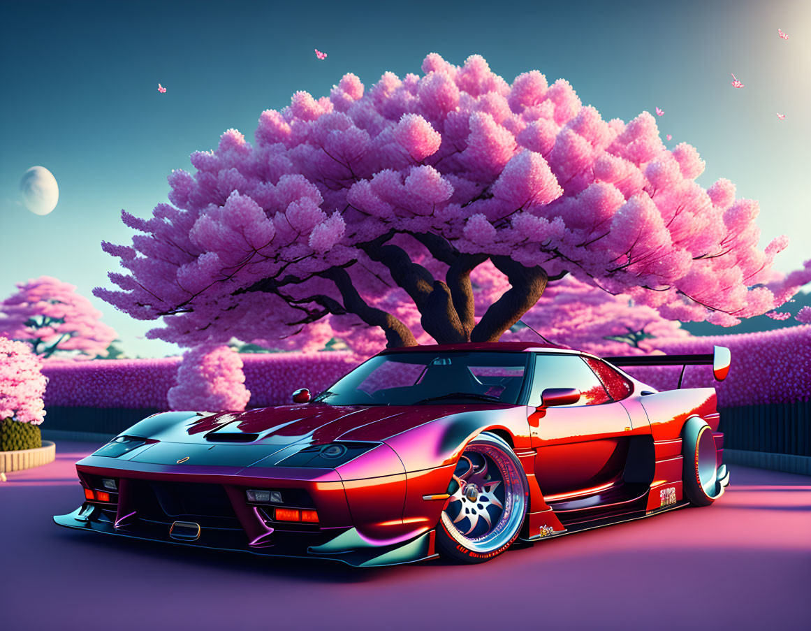 Vibrant sports car under cherry blossom tree with twilight sky