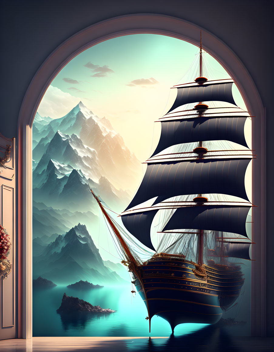 Ornate tall ship with black sails on calm waters near towering mountains viewed through arched doorway.