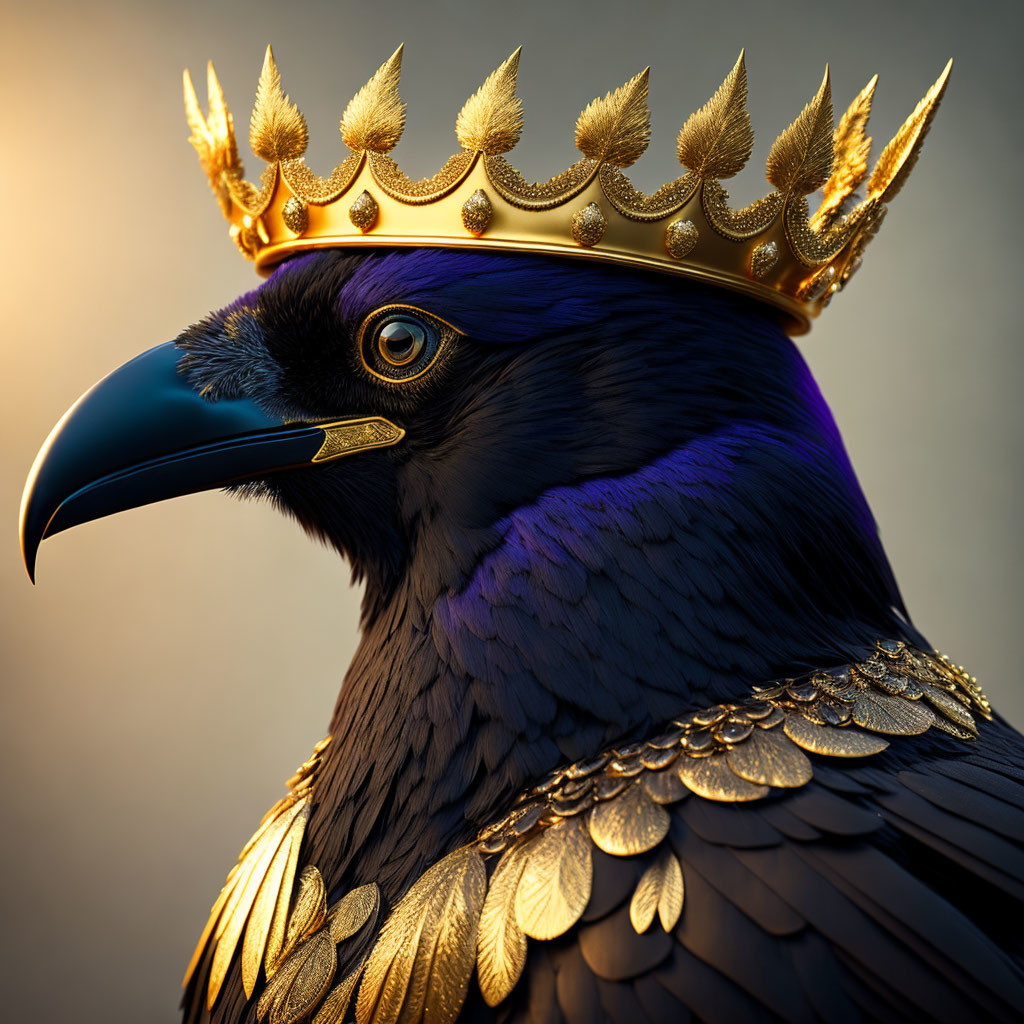 Regal raven with golden crown and collar on warm background