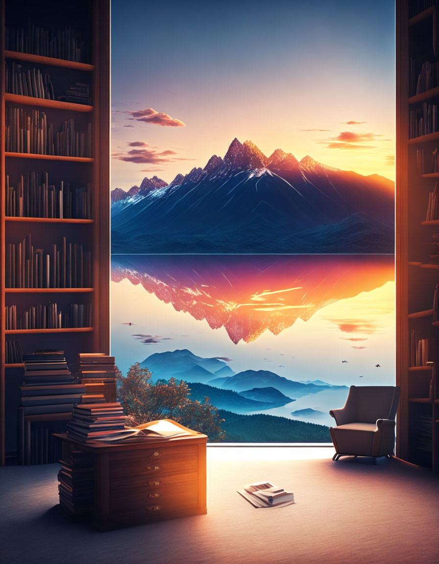 Cozy reading nook with chair, books, overlooking mountain range at sunset