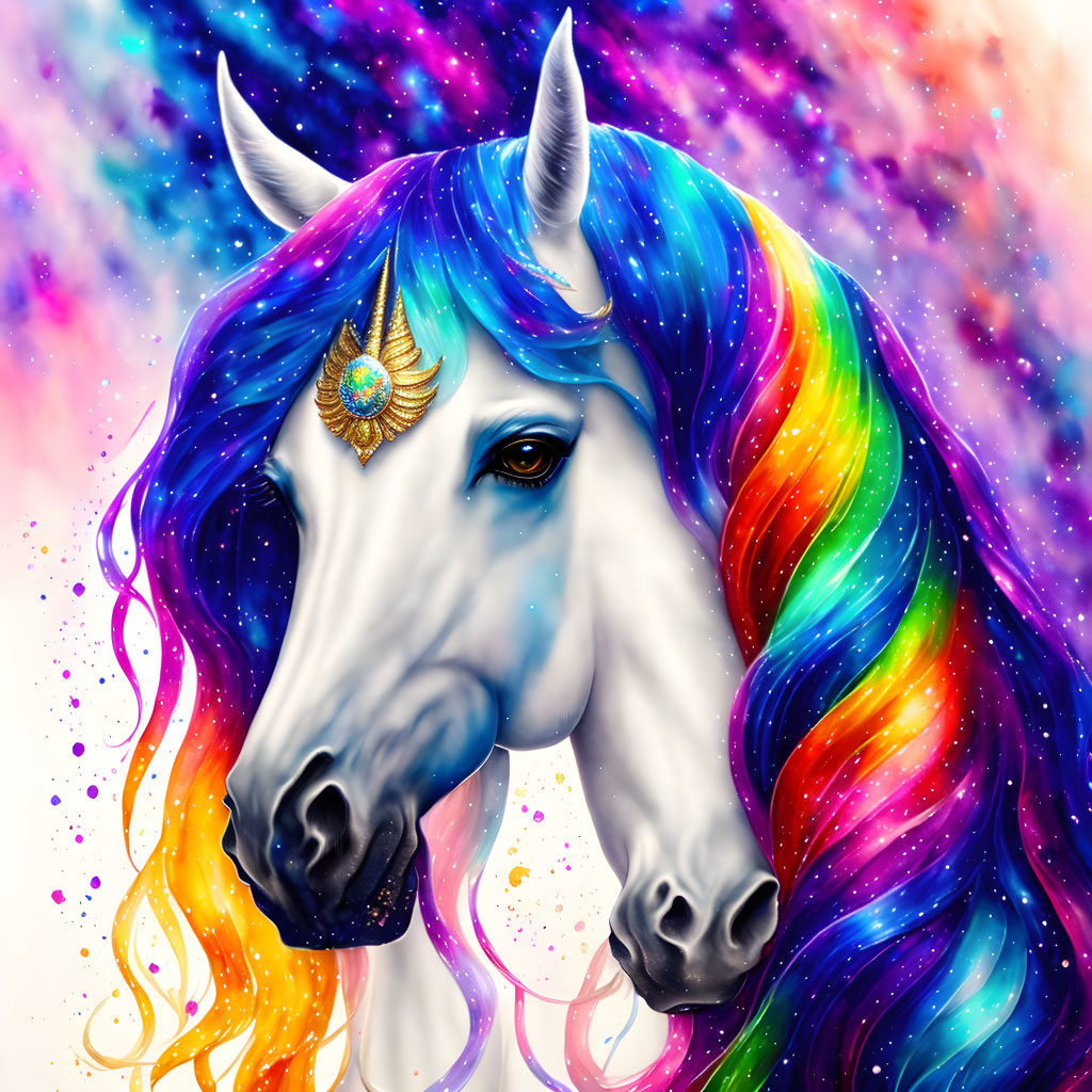 Colorful Unicorn Illustration with Flowing Mane on Starry Background