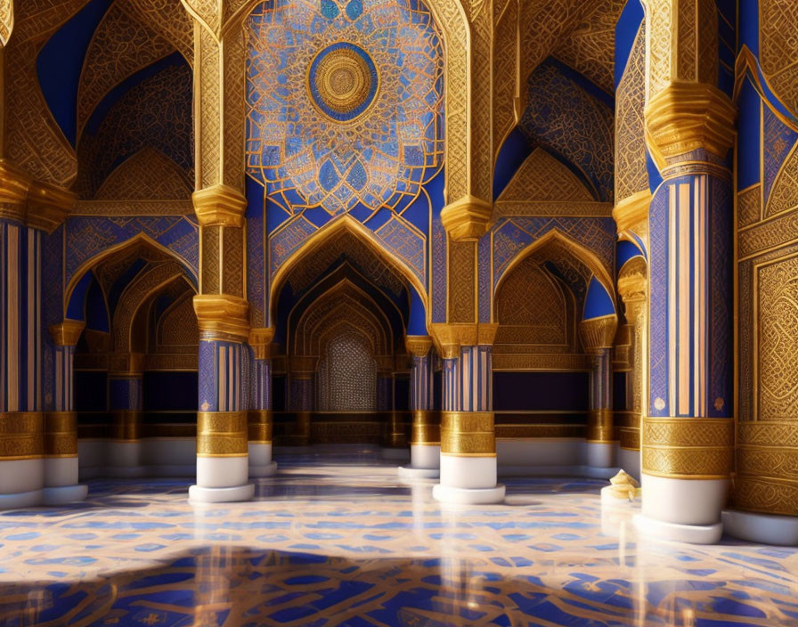 Intricate Islamic Geometric Patterns in Blue and Gold