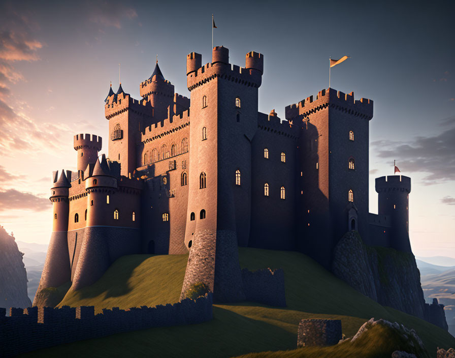 Medieval castle with towers and turrets on green hill at sunset