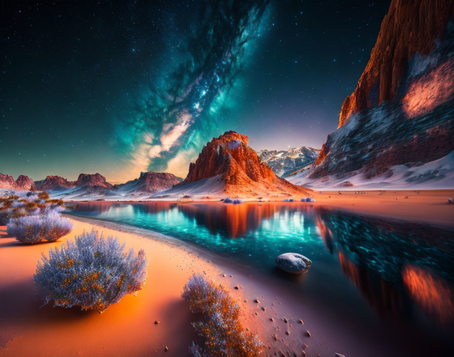 Scenic nightscape with Milky Way, lake, mountains, and cliffs