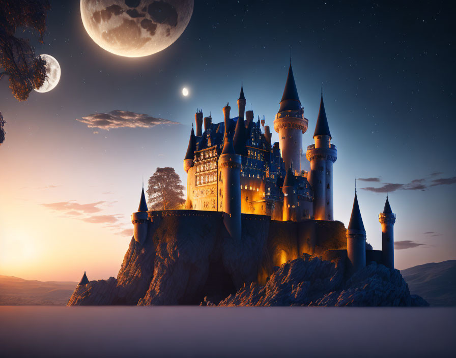 Majestic castle on rocky promontory under night sky