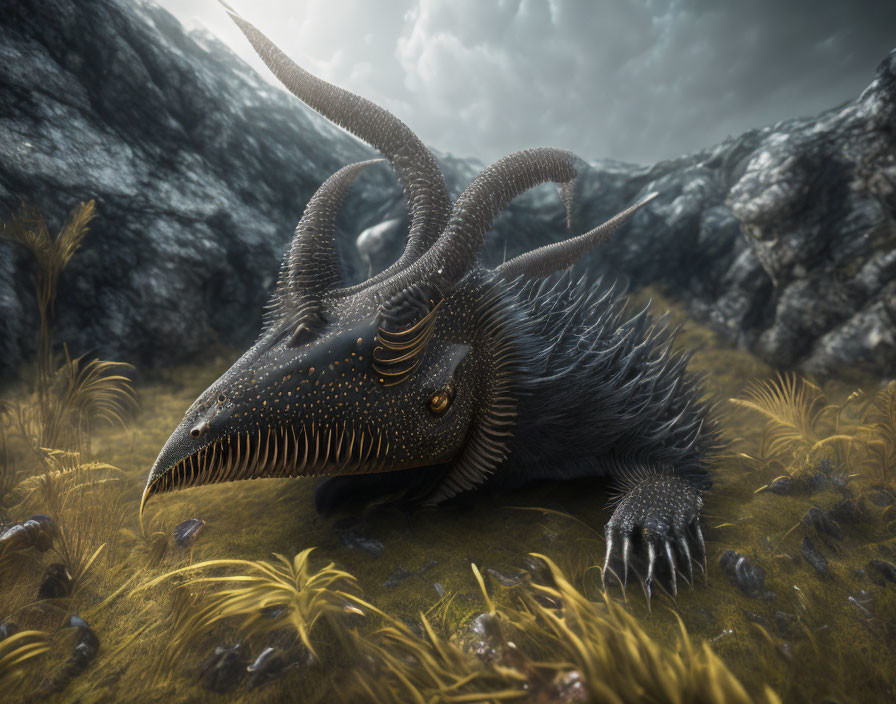 Fantastical creature with large horns in grassy landscape