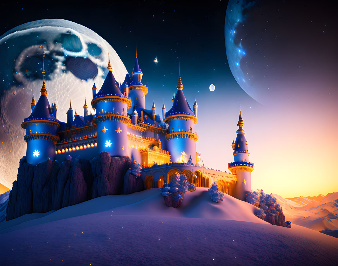 Fantastical castle with blue spires in snowy cliff twilight scene