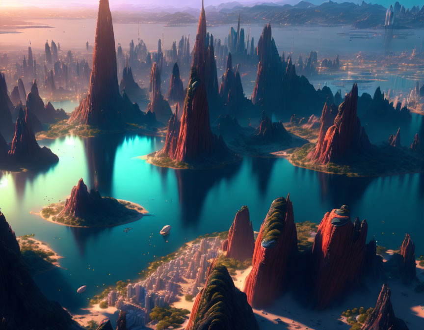 Vivid Blue Lakes and Towering Rock Formations in Fantastical Landscape