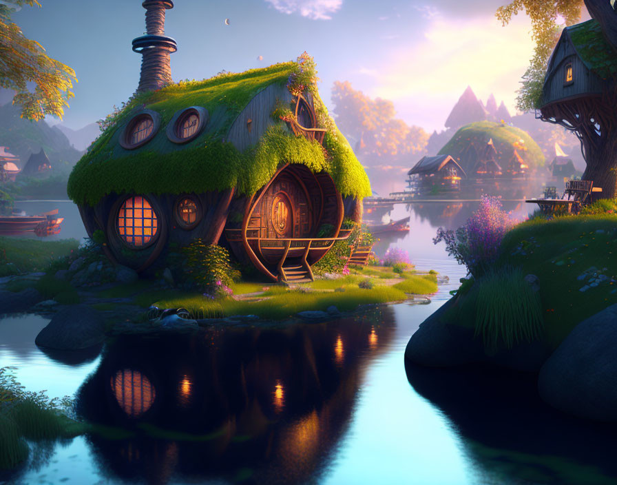 Digital artwork: Serene lakeside village with moss-covered hobbit-like houses and vibrant flora at sunset