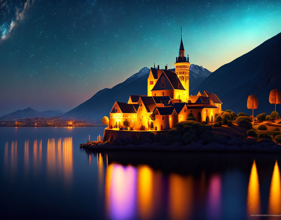 Brightly Lit Castle Overlooking Lake and Mountains at Night