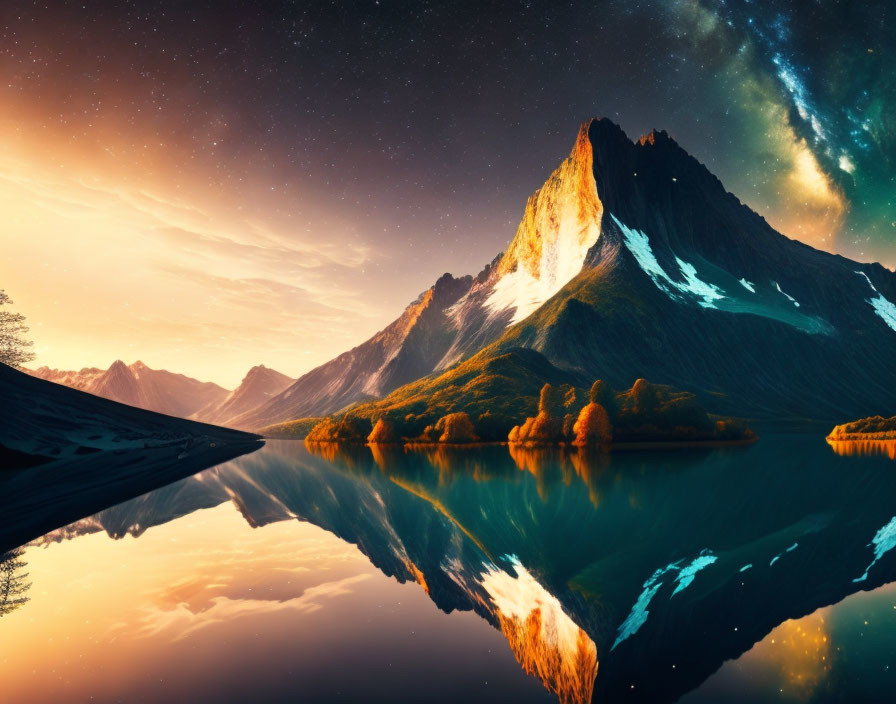 Vivid Sunset Mountain Landscape with Starry Sky Reflections