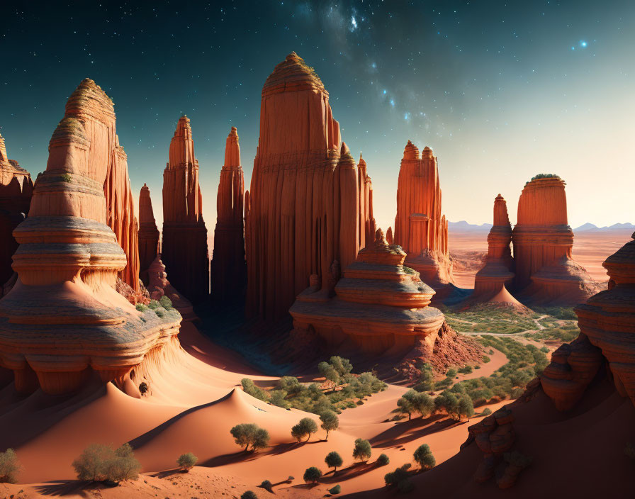 Majestic desert sandstone formations under starry sky at dusk.