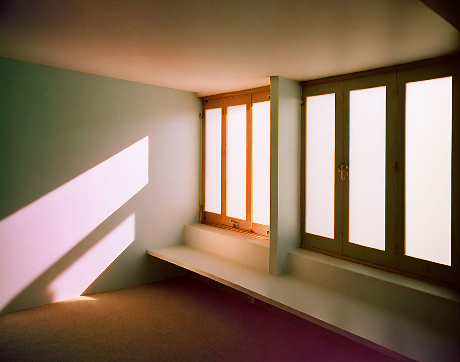 Sunlit Warm-Toned Room with Geometric Shadows on Pink Carpet