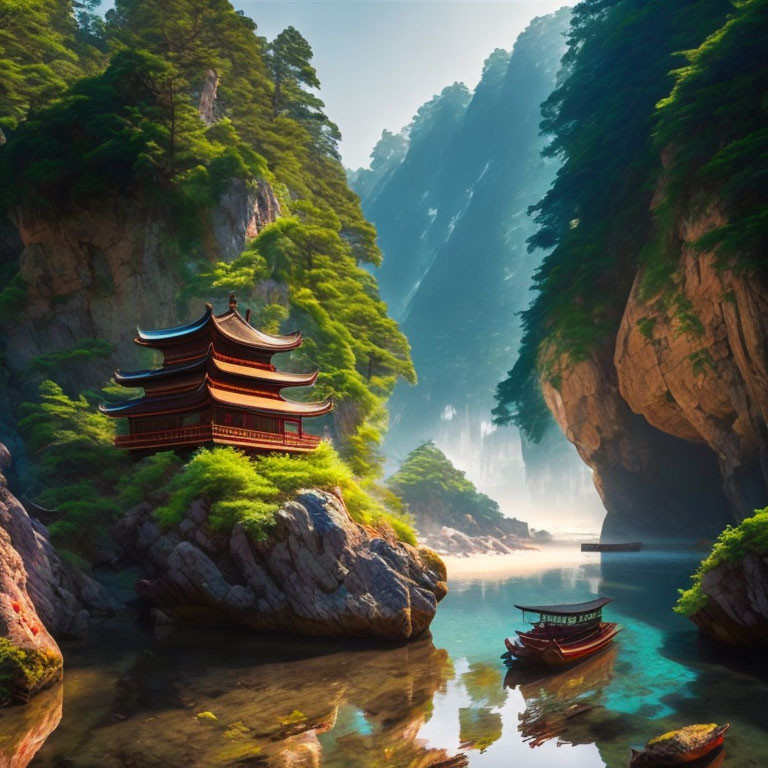 Asian Pagoda Surrounded by Forested Cliffs and River Mist