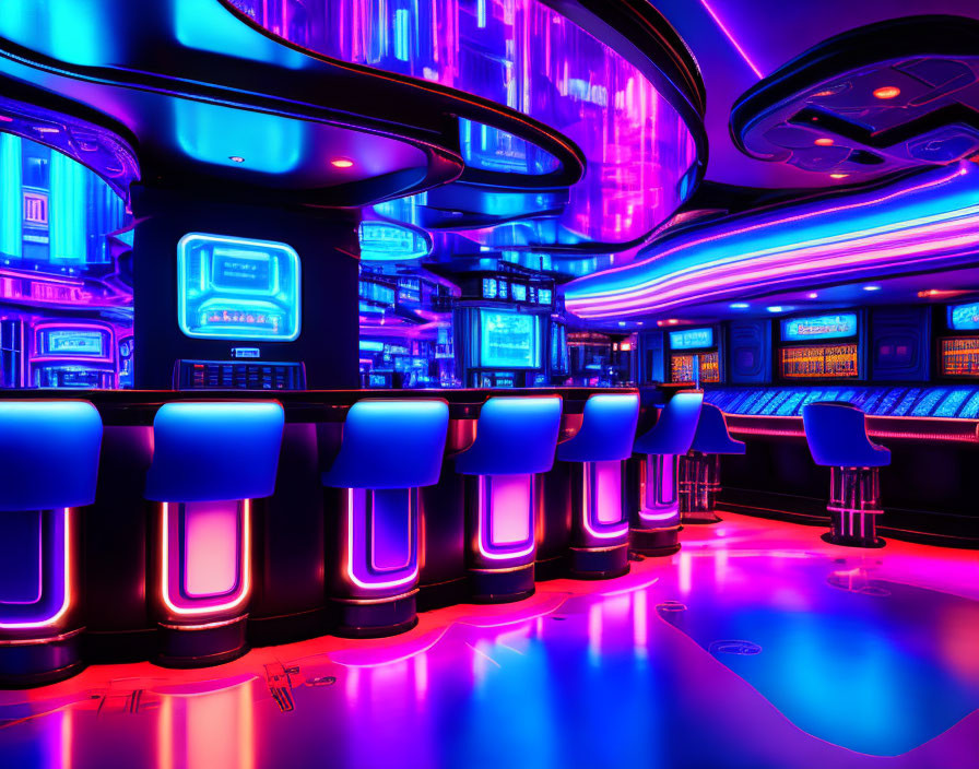 Modern bar with purple and blue neon lights, glowing stools, and high-tech screens.