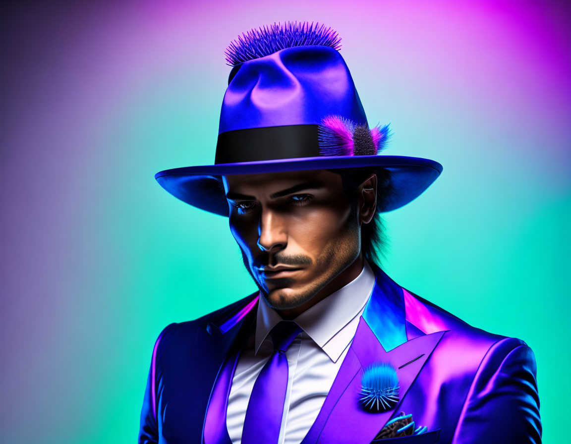 Fashionable man in blue suit and hat on vibrant multicolored backdrop