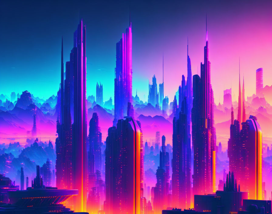 Neon-lit skyscrapers in futuristic cityscape with vibrant pink and blue sky