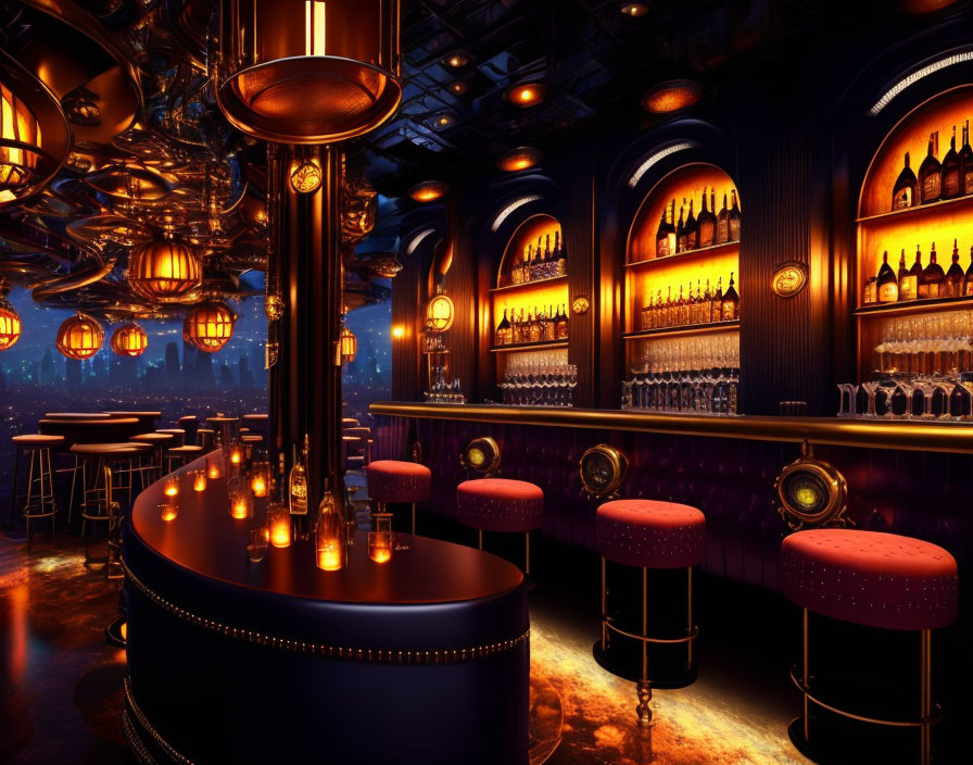 Luxurious Bar with Plush Stools and Golden Ceiling Fixtures