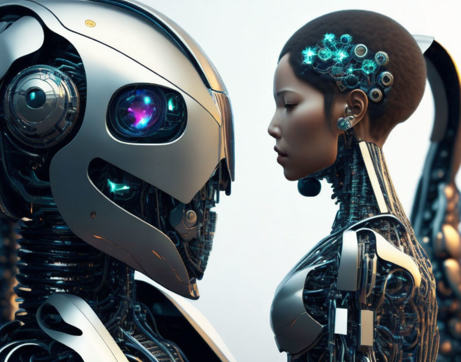 Intricate humanoid robot meets female android with blue brain interface