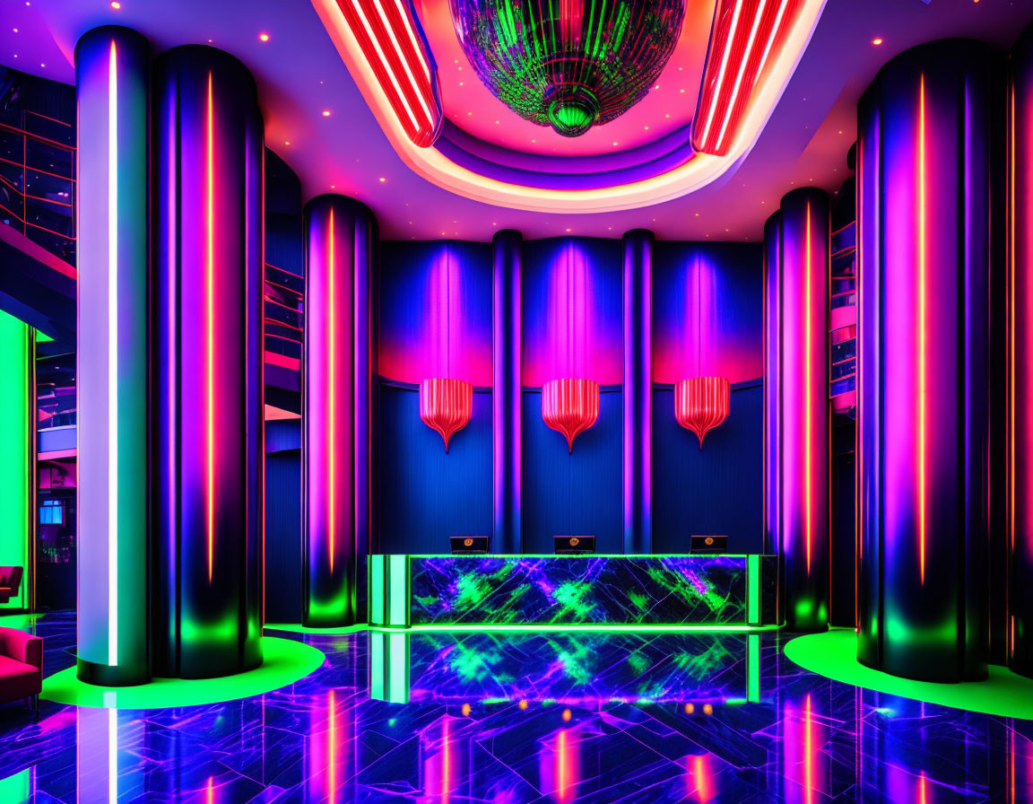 Colorful Neon-Lit Interior with Glowing Pillars and Art-Deco Ceiling