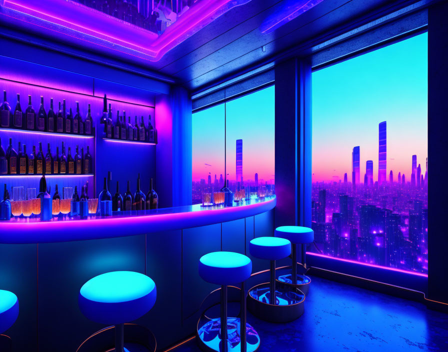 Futuristic bar with neon blue lighting and city skyline view