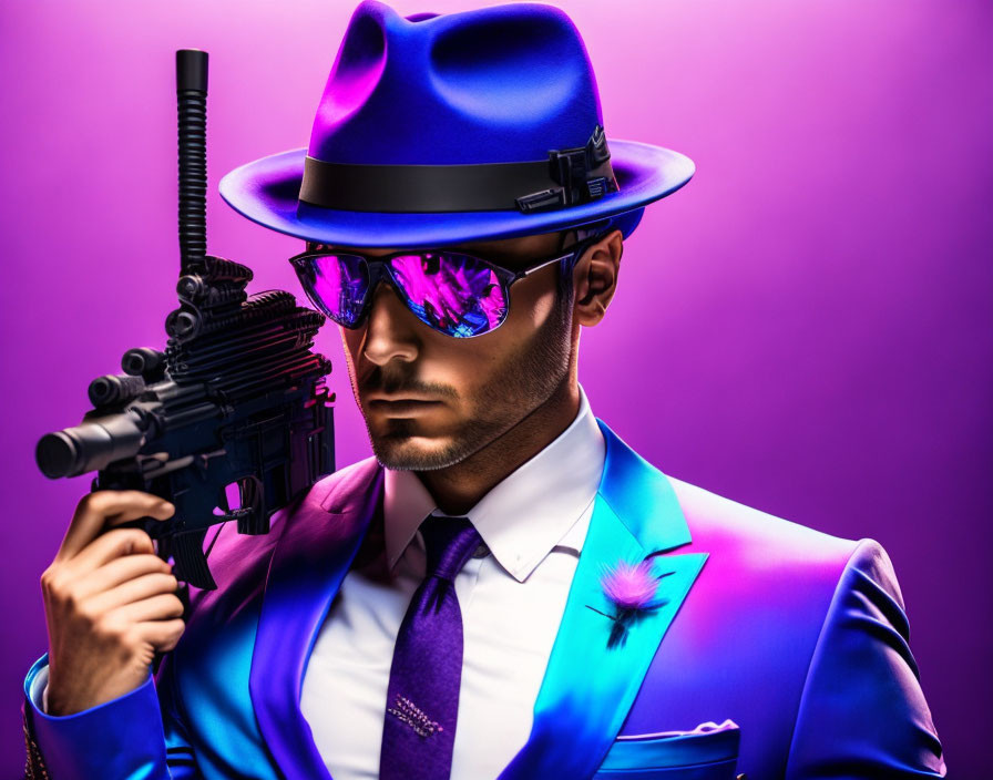 Fashionable man in blue suit, hat, sunglasses with rifle on purple backdrop