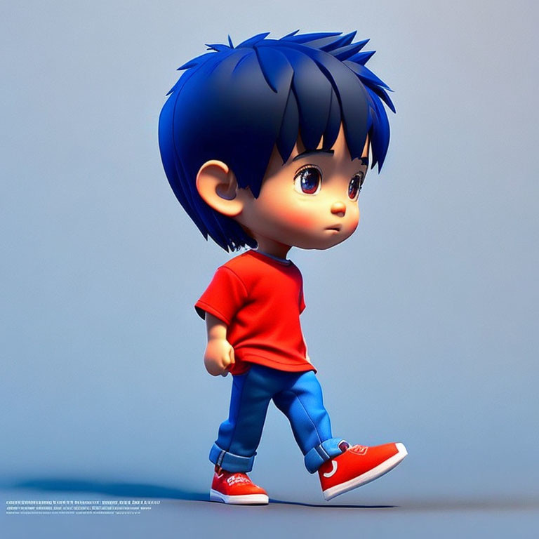 Cartoon-style boy with blue hair in red shirt and jeans walking