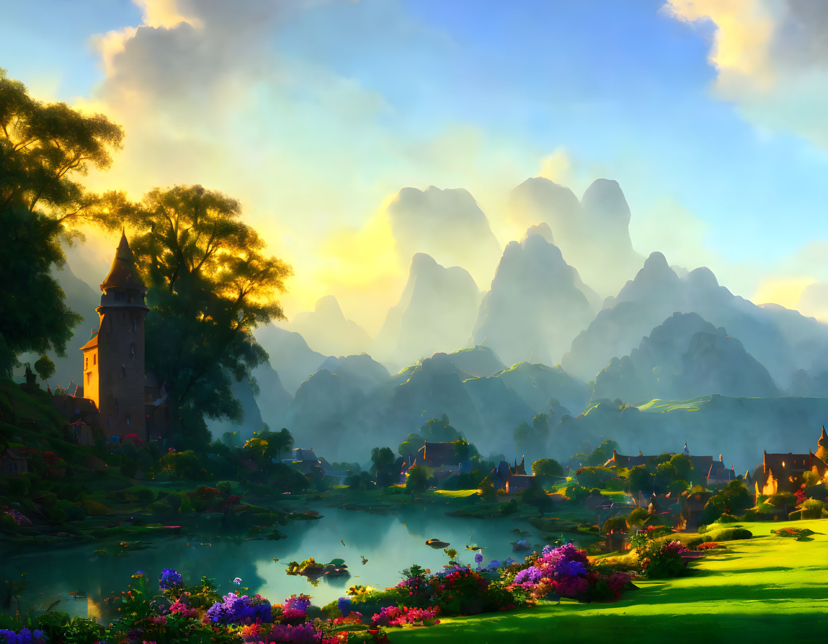 Tranquil fantasy landscape with sunset sky, river, greenery, flowers, village homes, mountains