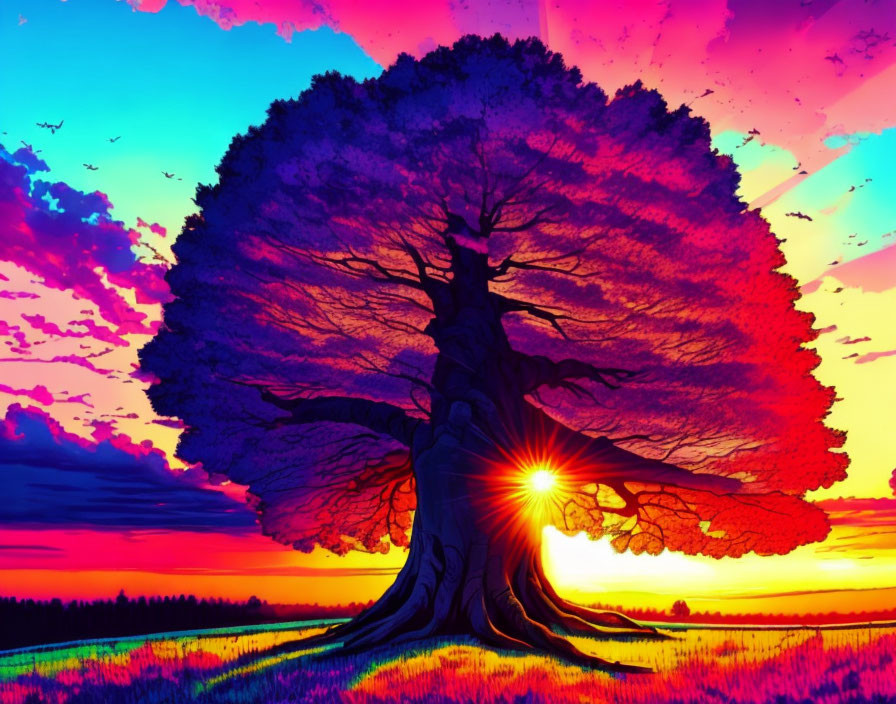 Majestic tree in vibrant digital artwork with sunset backdrop