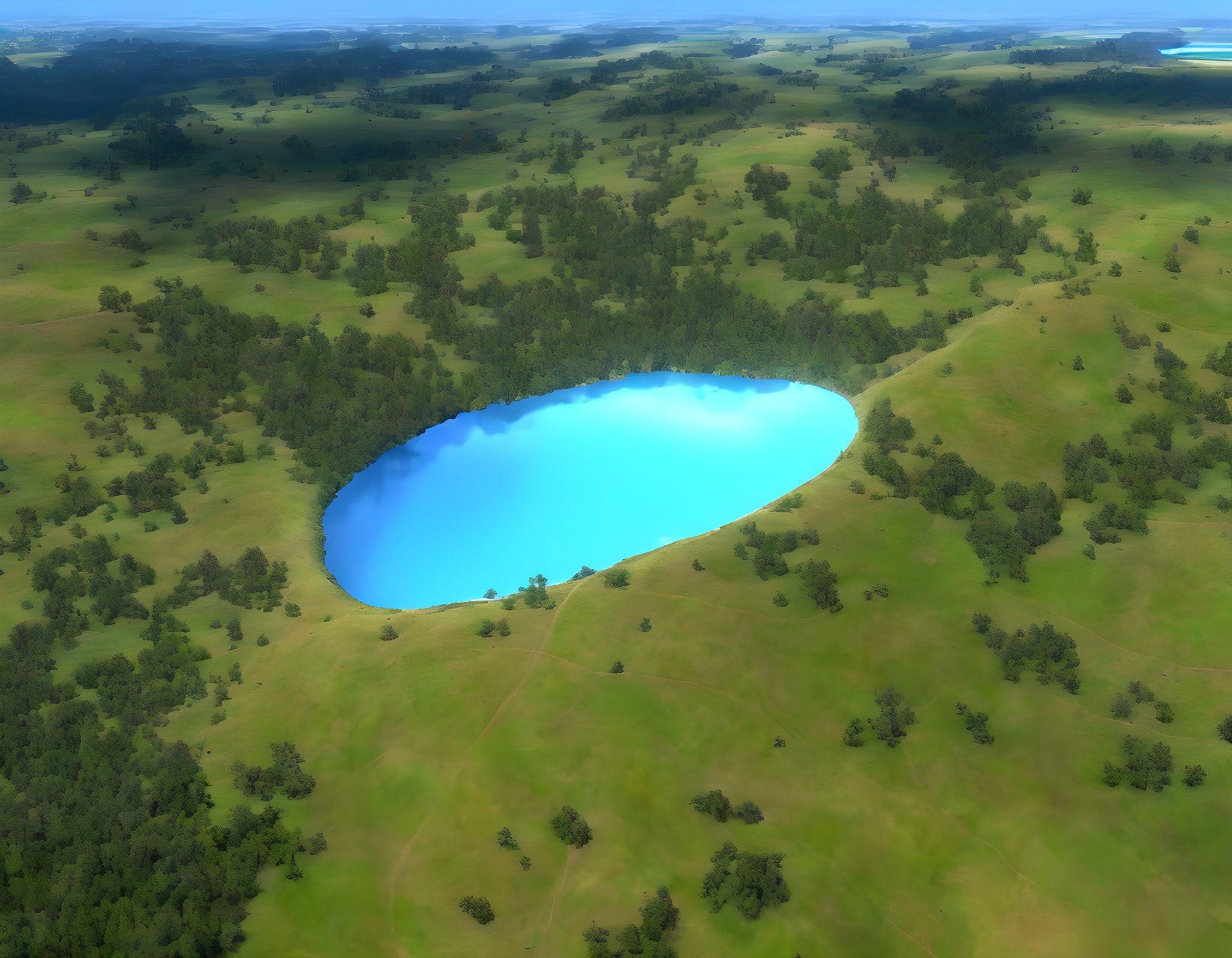 Tranquil kidney-shaped lake in rolling green hills