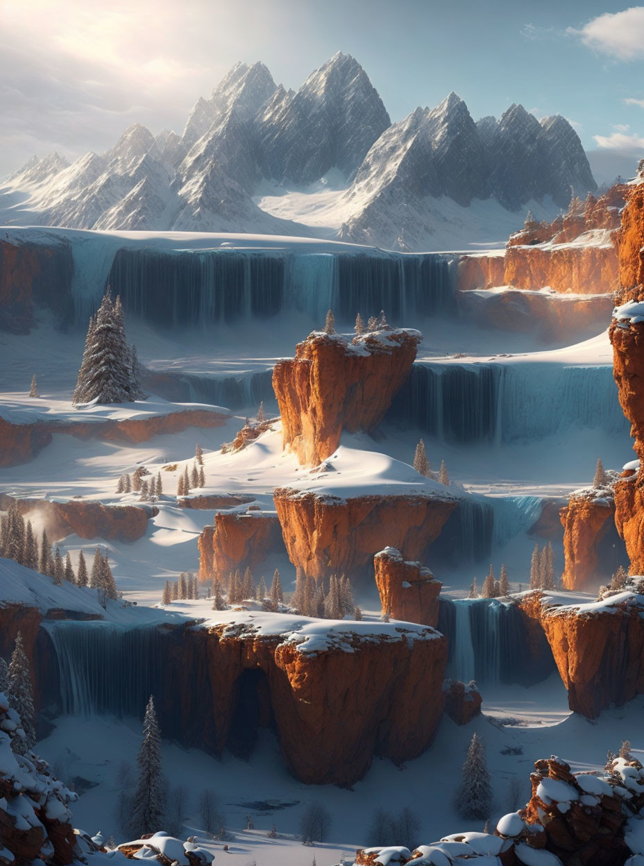 Snowy Winter Scene: Frozen Waterfalls, Snowy Trees, Mountain Peaks