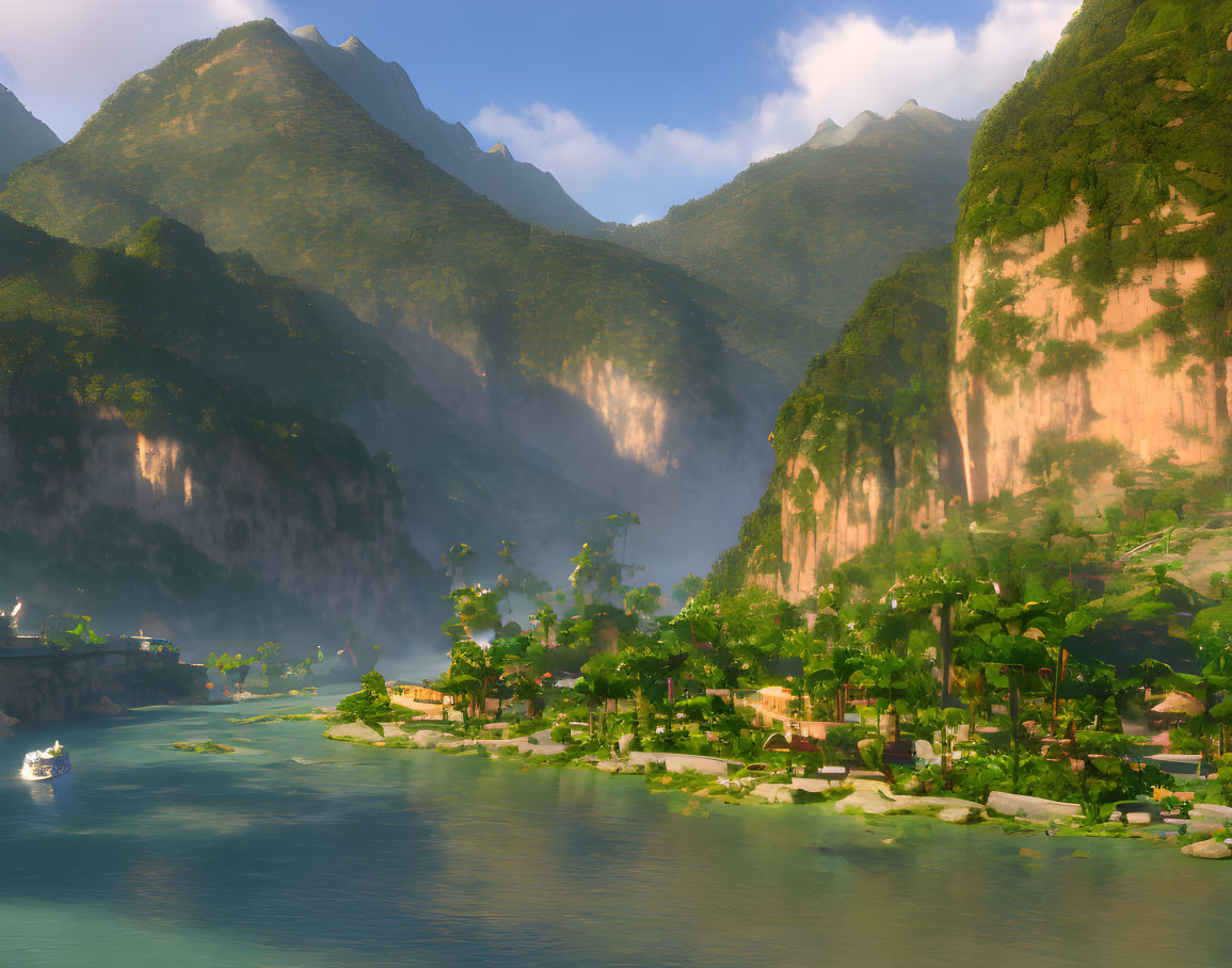 Serene river in lush valley with tropical foliage and mist-covered mountains