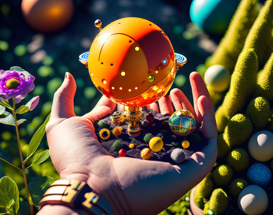 Whimsical mechanical orb held by hands in vibrant fantasy scene