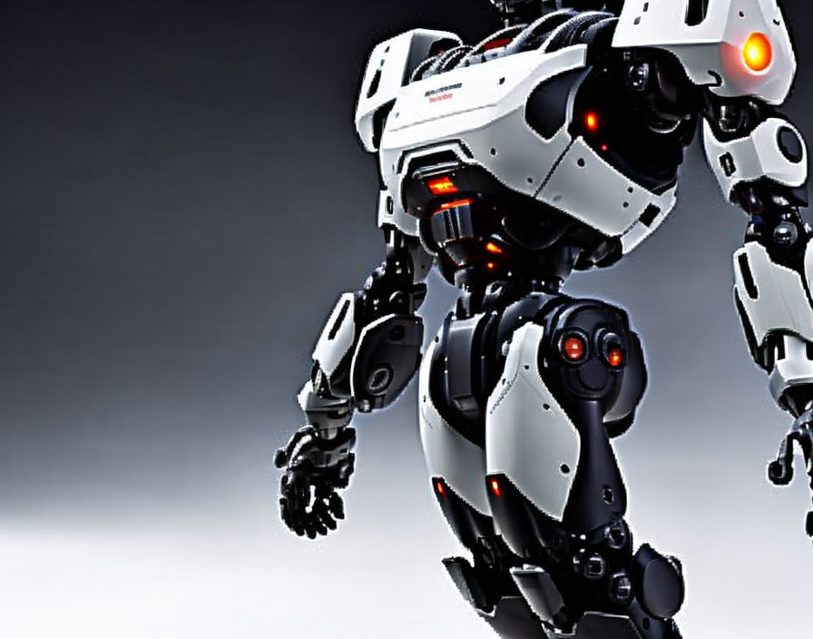 Futuristic humanoid robot with white, black, and red accents