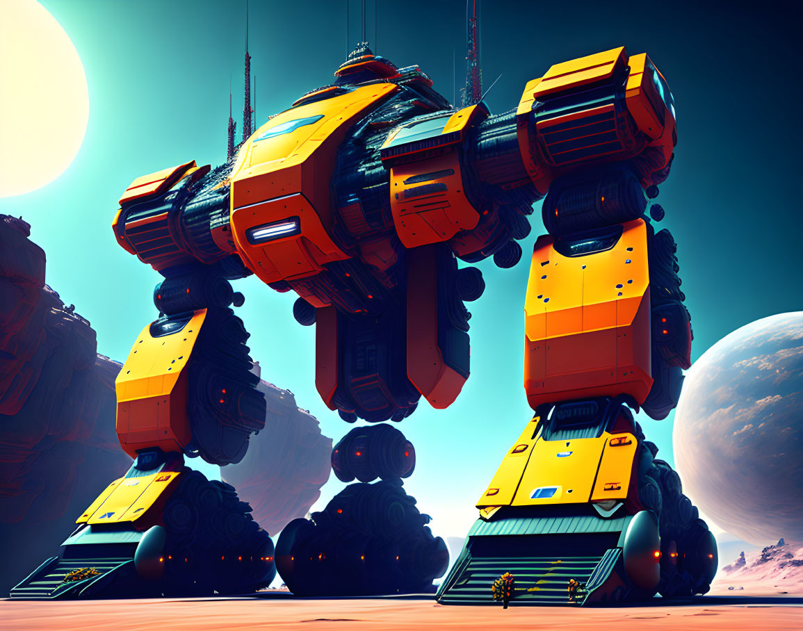 Gigantic yellow and blue robot on alien landscape with multiple moons