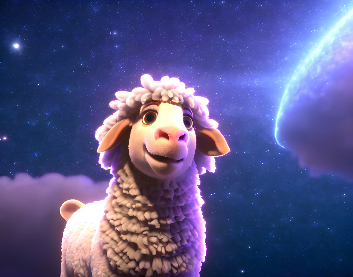 Fluffy animated sheep against starry space backdrop