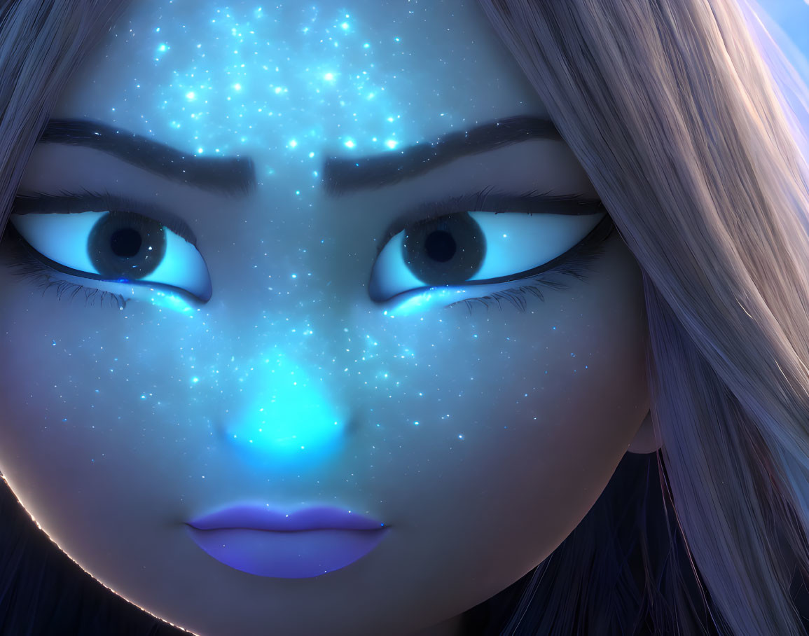 3D-animated female character with galaxy-themed skin and sparkling stars.