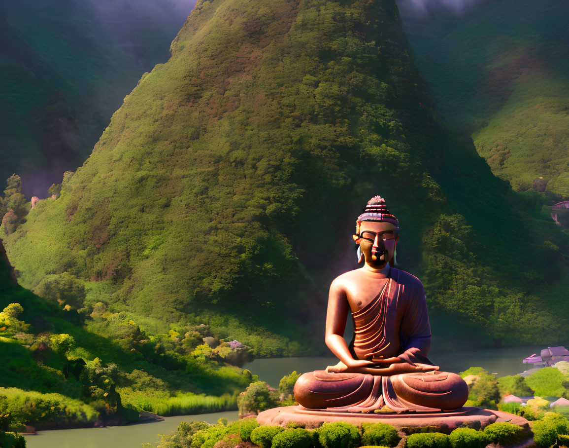 Serene Buddha Statue Meditating with Mountain Backdrop