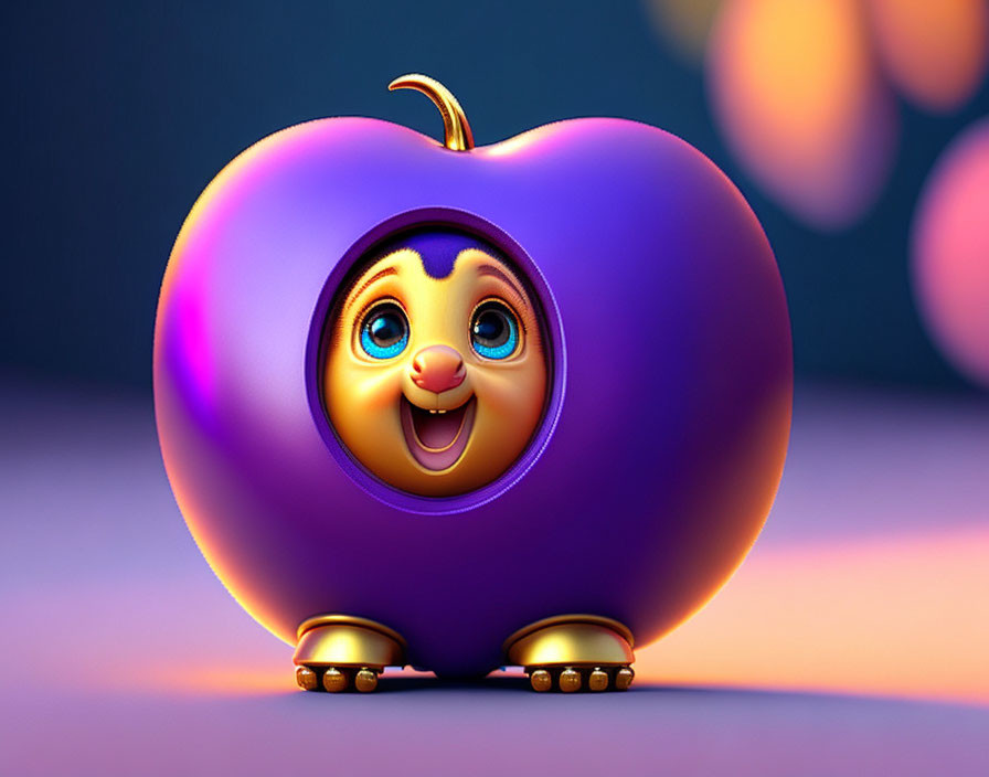 Purple Apple-Shaped Character 3D Illustration with Cute Face