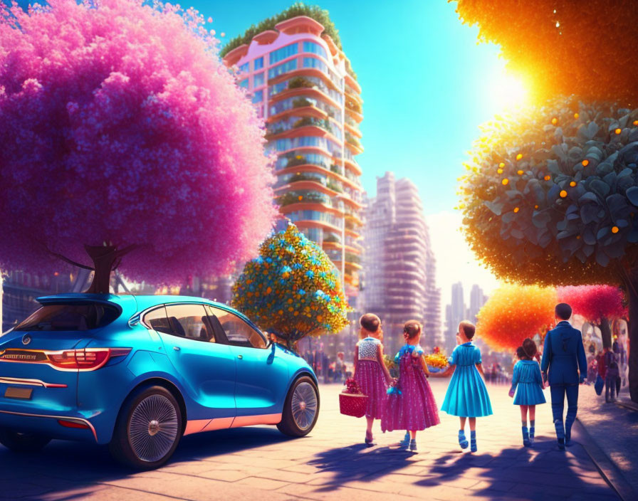 Colorful cityscape with children, trees, car, and skyscrapers in warm sunlight