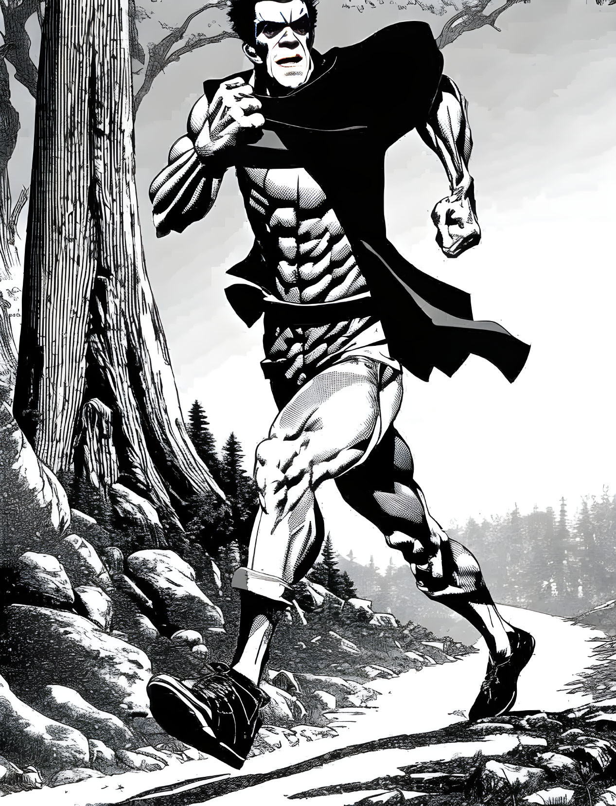 Monochrome drawing of muscular superhero in mask and cape running through forest