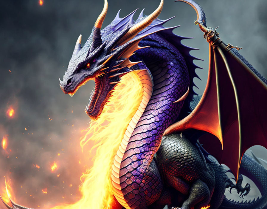 Blue and Purple Dragon Breathing Fire in Grey Sky