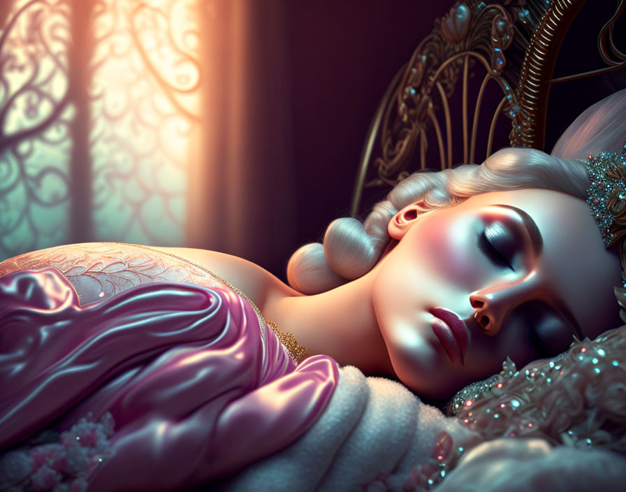 Princess Sleeping Peacefully in Luxurious Gown and Tiara