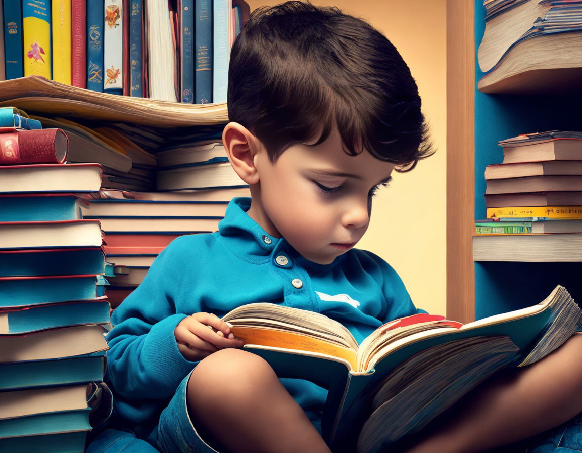 Young Child Surrounded by Stacks of Books Reading