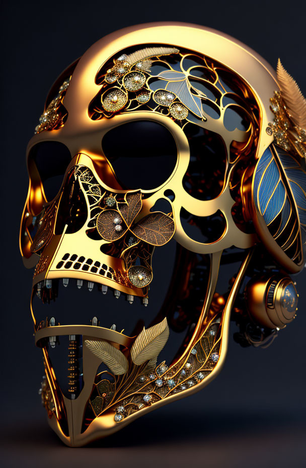 Golden skull with floral and mechanical patterns on dark background