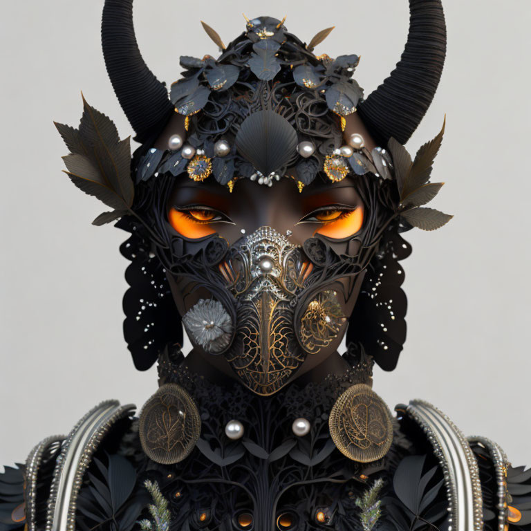 Detailed Illustration: Person in Ornate Black and Gold Mask with Horn-like Protrusions and Gl