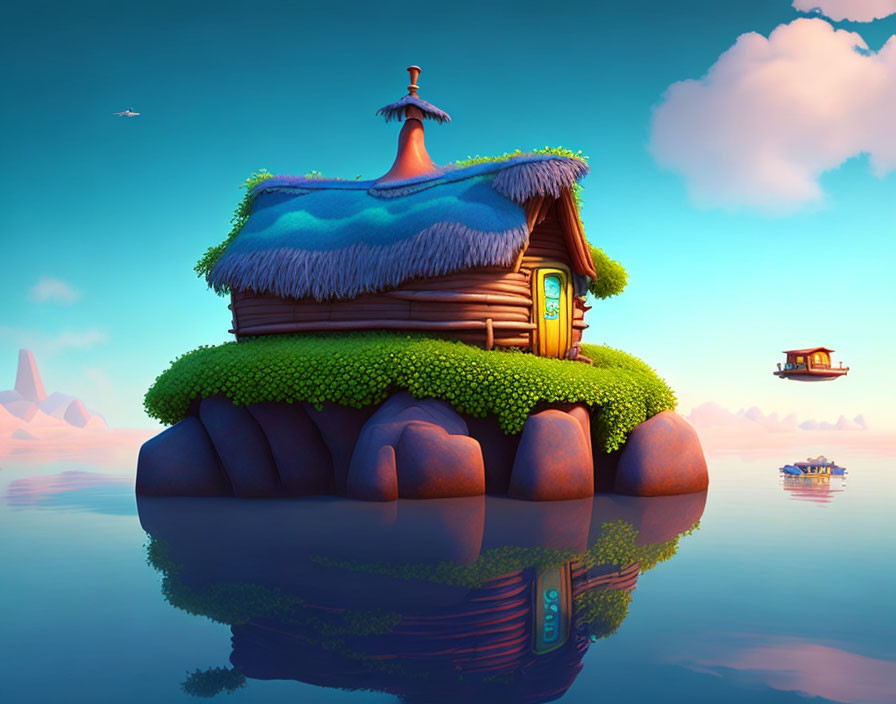 Detailed 3D illustration of a thatched roof hut on a rocky island