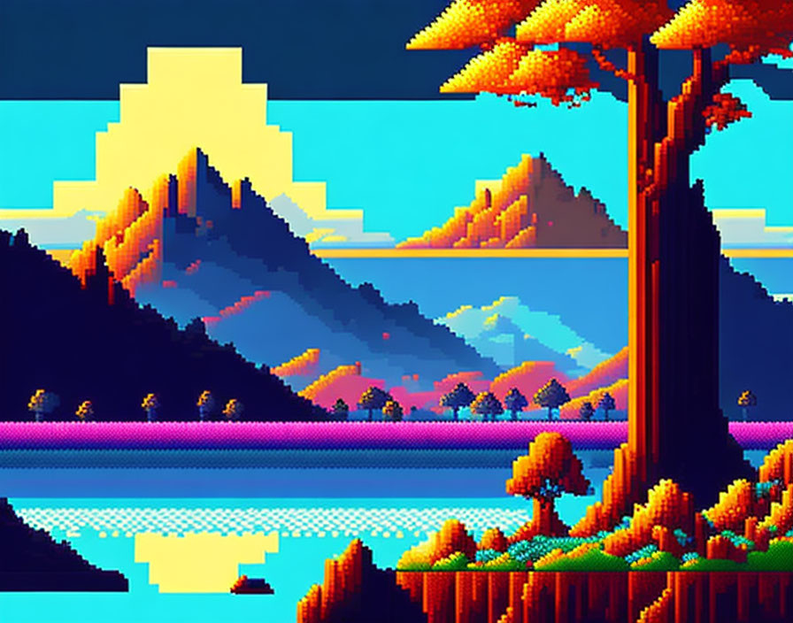 Colorful Pixel Art Landscape with Mountains, Lake, Trees, and Clouds