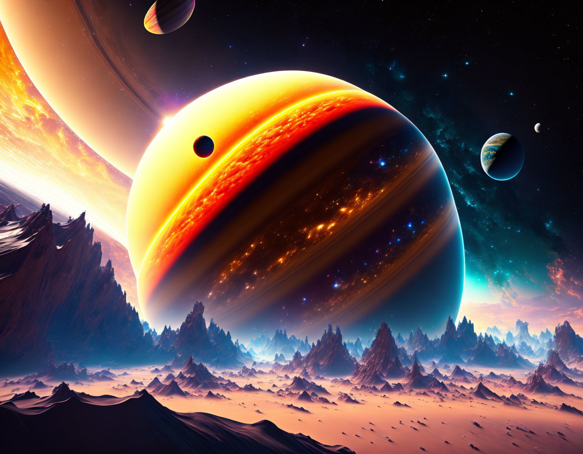 Colorful planets and alien terrain in vibrant sci-fi landscape